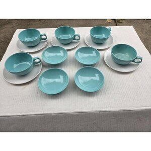 Set‎ 14 Vintage MCM Melmac Durawear White & Turquoise Coffee Cups Berry Bowls